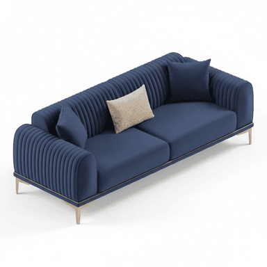A contemporary three-seater sofa upholstered in deep navy blue velvet fabric, featuring channel tufting on the backrest and arms, supported by light wood legs with gold accents. — 3D model (AI enhanced source)