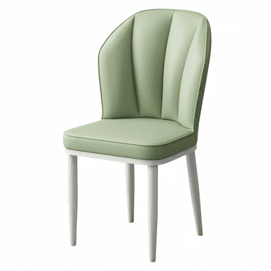 A modern upholstered dining chair with a distinctive scalloped backrest and tapered white legs. The chair is fully upholstered in a light sage green fabric or faux leather, featuring vertical fluting on the back and piping along the edges of the seat and back. — 3D model (AI enhanced source)