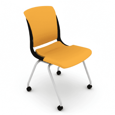 An orange, armless, contemporary chair featuring a contoured molded plastic seat and backrest, connected by a black structural frame. The chair is supported by a four-legged white metal base, with each leg terminating in a black caster for mobility. The design emphasizes clean lines and functional aesthetics. — 3D model (AI enhanced source)