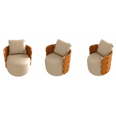 A contemporary armchair featuring a distinctive barrel-shaped design. The exterior is constructed from wide strips of tan woven leather, secured by metal connectors, forming a structural frame. The interior comprises a generously padded, rounded seat and a loose back cushion, both upholstered in a smooth, light beige fabric. The chair appears to be a single-seater, suitable for lounging. — 3D model (AI enhanced source)