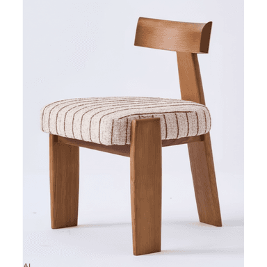 A contemporary dining chair constructed from light oak wood, featuring a padded, upholstered seat and a distinctive curved backrest. The seat is covered in a textured, off-white fabric with reddish-brown pinstripes. The chair's frame includes four sturdy, block-style legs with a slight taper. — 3D model (AI enhanced source)