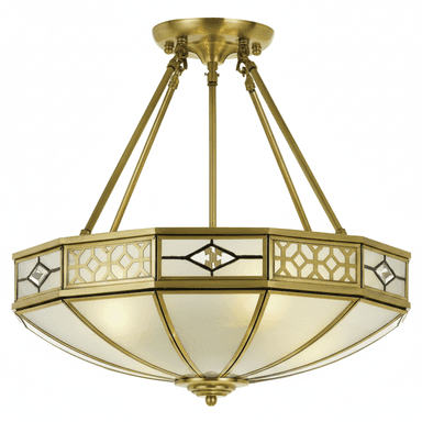 An Art Deco style semi-flush mount chandelier featuring an octagonal frame constructed from polished brass. The fixture incorporates frosted glass panels that diffuse light, complemented by an intricate brass overlay with geometric patterns and small clear glass or crystal accents. It is suspended from a ceiling canopy by multiple brass rods, creating a structured and elegant appearance. — 3D model (AI enhanced source)
