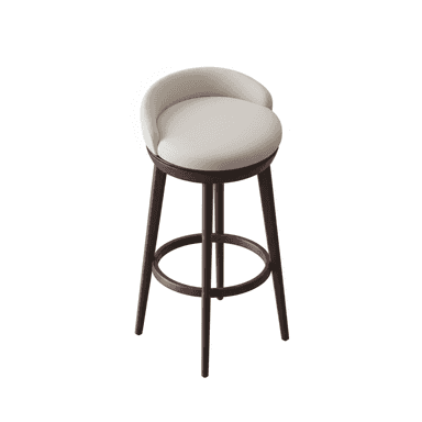 A modern bar stool featuring a light beige upholstered seat and a low, curved backrest, set atop a dark brown wooden frame with tapered legs and a circular footrest. — 3D model (AI enhanced source)