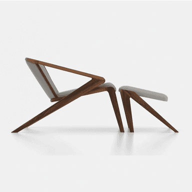 A contemporary lounge chair and ottoman set, featuring a dark angular wooden frame and light grey fabric upholstery, designed with a low profile. — 3D model (AI enhanced source)