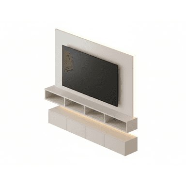 A modern floating wall-mounted entertainment unit featuring a central panel designed to accommodate a television. The unit includes an upper section with open shelving bays and a lower section with enclosed cabinet storage, both designed with a clean, minimalist aesthetic. Integrated LED strip lighting is visible at the top and between the main shelving unit and the lower cabinets, providing ambient illumination. — 3D model (AI enhanced source)