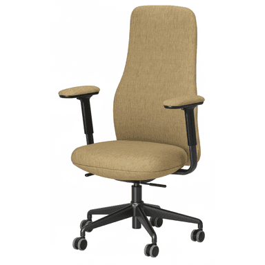 A modern ergonomic office chair featuring a high backrest and seat, both upholstered in a textured beige fabric. It has adjustable T-shaped armrests with upholstered pads, a black plastic or metal frame, and a five-star base equipped with dual-wheel casters for mobility. The chair includes a mechanism for height adjustment and swivel functionality. — 3D model (AI enhanced source)