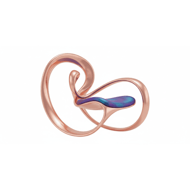 A contemporary accent chair with a sculptural, fluid design. The base is a continuous, swirling loop with a metallic rose gold finish. The seat appears to be a separate, organically shaped element with a textured, iridescent surface in shades of blue and purple. — 3D model (AI enhanced source)