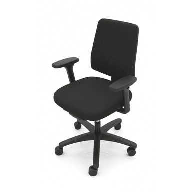 A modern office chair featuring black fabric upholstery on both the seat and backrest. It has a five-star swivel base made of black plastic, equipped with caster wheels for mobility. The chair includes black plastic armrests that appear to be adjustable. The design is functional and contemporary, suitable for various office or home workspace environments. — 3D model (AI enhanced source)