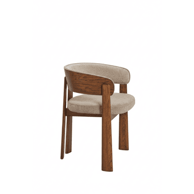A modern barrel back dining chair featuring a solid dark wood frame and light beige upholstered seat and backrest. The backrest wraps around to form integrated armrests, and the chair sits on four sturdy, slightly tapered wooden legs. — 3D model (AI enhanced source)