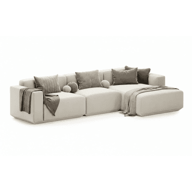 An L-shaped modular sectional sofa in a light beige or off-white upholstery, featuring a low profile, wide track arms, and plush seat and back cushions. The configuration includes a chaise lounge extension on one end. Several throw pillows in neutral tones and varying patterns, along with draped throw blankets, accent the sofa. — 3D model (AI enhanced source)