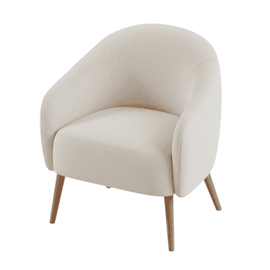 A modern armchair with a rounded, enveloping silhouette. The chair features a fully upholstered seat, back, and arms, with a textured fabric. It is supported by four tapered wooden legs that angle outwards. — 3D model (AI enhanced source)