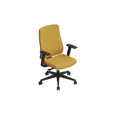 An ergonomic office chair featuring a padded seat and backrest upholstered in a textured yellow/gold fabric. The chair is supported by a black five-star wheeled base with dual casters, and it includes height-adjustable T-shaped armrests made of black plastic or metal. The design is modern and functional, suitable for a professional or home office environment. — 3D model (AI enhanced source)
