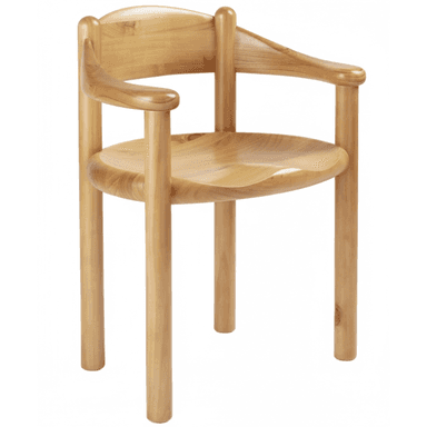 A light-toned solid wood armchair featuring a deeply carved and contoured seat, integrated armrests, and a rounded backrest. The design emphasizes natural forms and smooth, ergonomic curves. — 3D model (AI enhanced source)