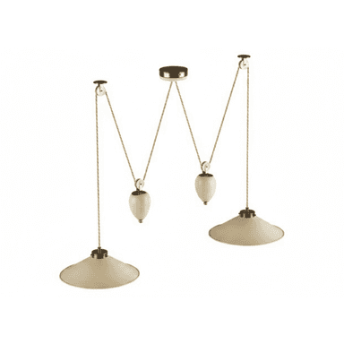 An adjustable pulley pendant light featuring two individual light sources suspended from a central ceiling mount. Each light has a conical or dish-shaped cream-colored shade, supported by brass-finished metal components. The suspension system includes braided cables, brass pulleys, and teardrop-shaped cream-colored counterweights, allowing for height adjustment of each shade independently. The overall design suggests a blend of functional industrial elements with a refined aesthetic. — 3D model (AI enhanced source)