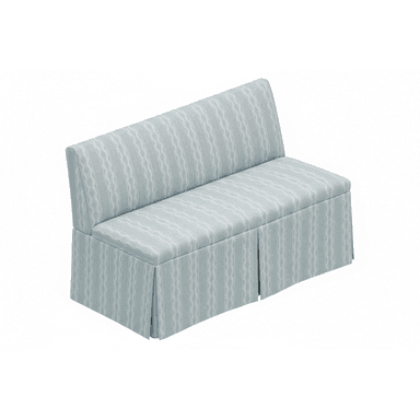 An upholstered banquette seating unit featuring a light blue fabric with white wavy and solid vertical stripes, and a pleated skirt base. — 3D model (AI enhanced source)