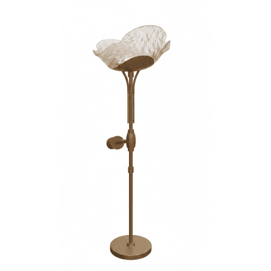 A tall, slender floor lamp featuring a metallic bronze or gold-finished base and stem, topped with a distinct, upward-facing, textured glass shade shaped like an opening flower. The stem appears to have an adjustable section. — 3D model (AI enhanced source)