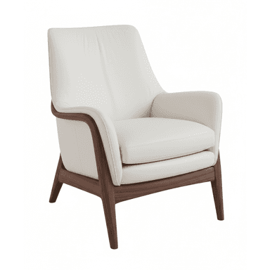 A modern armchair featuring an off-white upholstered body with visible dark walnut wood frame elements, including curved armrests and tapered legs. — 3D model (AI enhanced source)