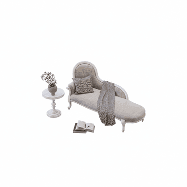 An elegant French Provincial style chaise lounge upholstered in light beige fabric, featuring a rolled backrest, carved wooden trim, and cabriole legs. It is accompanied by a small white pedestal table with a vase of dried flowers, a decorative patterned cushion, a throw blanket, and two books. — 3D model (AI enhanced source)