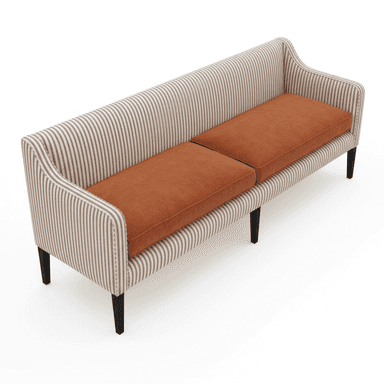 A contemporary banquette-style loveseat with a high, gently curved back and no distinct armrests. It features vertically striped upholstery in beige and brown on the frame, paired with two removable, solid reddish-brown seat cushions. The piece is supported by four slender, tapered dark legs. — 3D model (AI enhanced source)