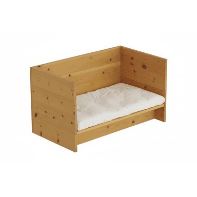 A minimalist daybed crafted from light-colored pine wood, featuring a simple three-sided enclosure. The design showcases visible wood grain and knots, indicative of natural timber. It includes a white mattress resting on a recessed platform, suitable for a compact sleeping or lounging solution. — 3D model (AI enhanced source)