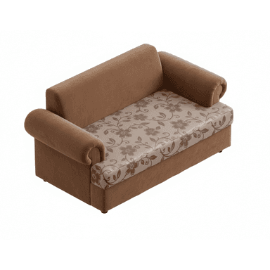 A compact two-seater loveseat featuring rolled armrests and a high backrest. The frame and armrests are upholstered in a solid light brown velvet-like fabric, while the single seat cushion is adorned with a beige background and a repeating pattern of dark brown floral motifs. The loveseat rests on discreet dark feet. — 3D model (AI enhanced source)