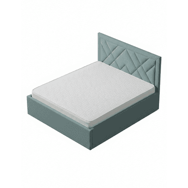 A modern upholstered platform bed featuring a distinctive geometric pattern on its headboard and a low-profile frame, presented with a white mattress. The bed frame and headboard are covered in a textured, muted blue-green fabric. — 3D model (AI enhanced source)