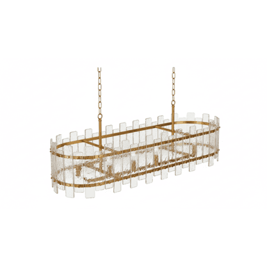 An oval-shaped chandelier featuring a polished brass frame adorned with multiple vertical textured glass panels. It is suspended by two brass chains. — 3D model (AI enhanced source)