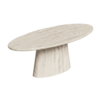 An oval coffee table crafted entirely from light-colored travertine stone, featuring a monolithic pedestal base. The tabletop is elongated and has a smooth, matte finish with natural veining characteristic of travertine. The base is also made of travertine, tapering slightly inward towards the top, providing a sturdy and sculptural foundation for the tabletop. The overall design is minimalist and contemporary, highlighting the natural beauty and texture of the stone. — 3D model (AI enhanced source)