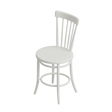 A white painted wooden bar stool featuring a round seat, a slatted spindle backrest, and four curved legs joined by a circular footrest. — 3D model (AI enhanced source)