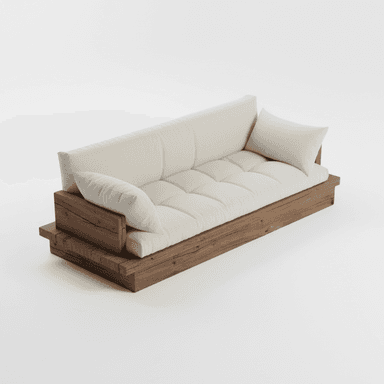 A modern rustic wood platform sofa featuring a low-profile, solid dark wood frame with a distressed finish and cream-colored upholstered cushions. — 3D model (AI enhanced source)