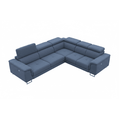 An L-shaped sectional sofa upholstered in a blue fabric, featuring modular sections, adjustable headrests, and integrated reclining mechanisms indicated by control buttons on the armrests. The sofa stands on minimalist metal feet. — 3D model (AI enhanced source)