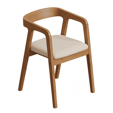 A modern armchair featuring a solid wood frame with a natural finish and an upholstered seat in a neutral, light color. The backrest is gently curved and seamlessly integrates with the armrests, creating a cohesive and minimalist design. The legs are straight and slightly tapered. — 3D model (AI enhanced source)