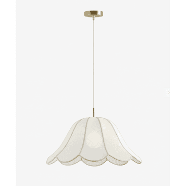A contemporary pendant light featuring a scalloped, bell-shaped shade crafted from white fabric, suspended from a brass canopy by a white cord. A single light bulb is visible within the translucent shade. — 3D model (AI enhanced source)
