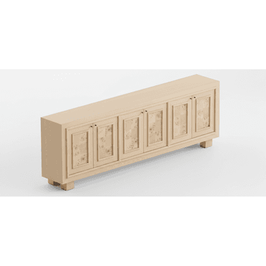 A modern sideboard featuring a light-toned wooden frame and four cabinet doors. Each door has a recessed panel design, with the inner panel adorned with a distinctive burl wood veneer. The sideboard rests on four short, solid block feet. The overall aesthetic is clean and contemporary, with natural wood textures. — 3D model (AI enhanced source)
