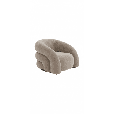 A contemporary single-seater lounge chair characterized by its unique, continuous, and rounded form. The chair is fully upholstered in a light beige or taupe textured fabric, presenting a soft, cloud-like aesthetic. Its design features thick, organic, and curvilinear lines that seamlessly integrate the back, arms, and seat into one voluminous shape. The base is minimally visible, contributing to a grounded yet seamless appearance. — 3D model (AI enhanced source)