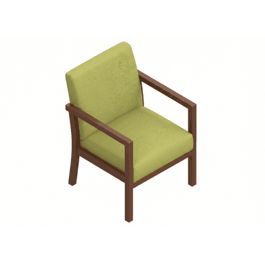 A 3D rendering of a modern armchair featuring a clean, exposed wooden frame and upholstered seat and back cushions. The upholstery is a light green fabric, contrasting with the dark brown wood. The design is simple and geometric, with straight lines for the arms and legs, indicating a contemporary aesthetic. — 3D model (AI enhanced source)