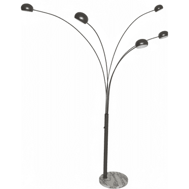 A modern arc floor lamp with a marble base. The lamp features a central dark pole from which five thin, curved arms extend upwards and outwards, each terminating in a dome-shaped light fixture. The base is a circular slab with a marbled pattern. The overall design is characterized by its sweeping lines and contemporary aesthetic. — 3D model (AI enhanced source)