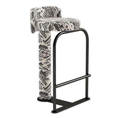 A contemporary bar stool featuring an upholstered seat and backrest in a cream and black patterned fabric, supported by a minimalist black metal frame with an integrated footrest. — 3D model (AI enhanced source)