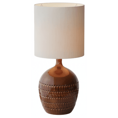 A table lamp with a ceramic base and a fabric shade. The base is bulbous, tapering upwards to a narrower neck, and features a decorative pattern of perforations arranged in horizontal rows, with a chevron-like texture between some rows. The shade is cylindrical and appears to be made of a woven fabric. — 3D model (AI enhanced source)