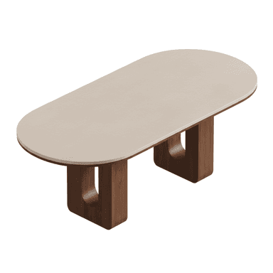 An oval-shaped coffee table featuring a light-colored top and two dark wood pedestal bases. The bases have distinctive rounded, arch-like cutouts, giving them a sculptural and modern appearance. The overall design is minimalist and contemporary. — 3D model (AI enhanced source)