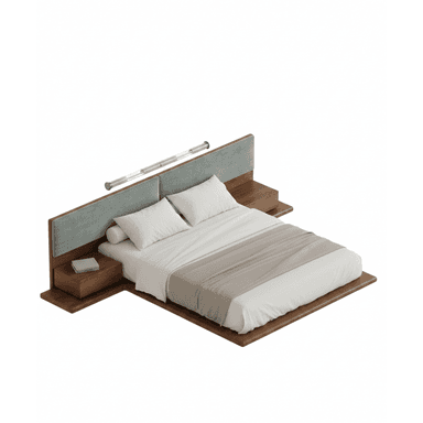 A modern platform bed featuring a dark wood frame, an upholstered headboard, and integrated floating nightstands, complete with built-in linear lighting. — 3D model (AI enhanced source)