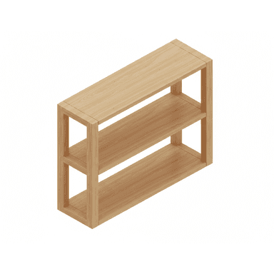 A minimalist three-tier open shelving unit crafted from light-toned wood, featuring clean lines and a simple, functional design. — 3D model (AI enhanced source)