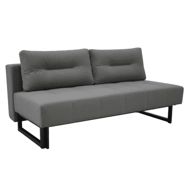 A modern futon sofa upholstered in a grey fabric, featuring a minimalist design with a low-profile silhouette. The sofa has two segmented seat cushions and two horizontally tufted back cushions. It rests on a black square-profile metal base, which forms integrated legs. The armrests are narrow, flat, and upholstered sections on the sides. — 3D model (AI enhanced source)