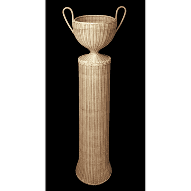 A tall, light-colored woven wicker or rattan stand, featuring a prominent urn or trophy-shaped top with two curved handles, resting on a cylindrical pedestal base that subtly flares outwards at the bottom. The entire piece exhibits a natural, textured finish. — 3D model (AI enhanced source)