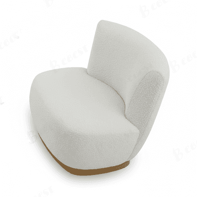 An armless lounge chair upholstered in a textured, white or cream boucle fabric, featuring a curvilinear, rounded form and a contrasting wooden base. — 3D model (AI enhanced source)