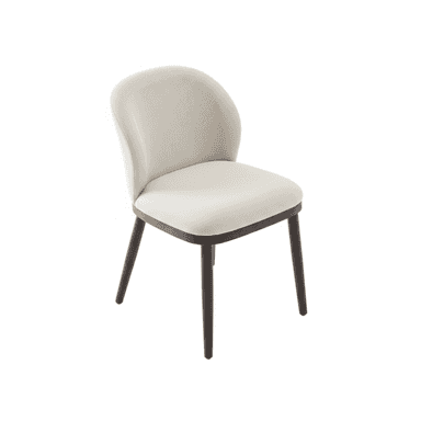 A modern armless chair featuring a fully upholstered seat and back in a light, textured fabric, supported by a dark wood frame and four splayed, tapered wooden legs. — 3D model (AI enhanced source)