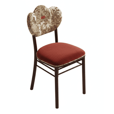 A side chair featuring a dark wood frame, a solid reddish-brown upholstered seat, and a distinctive heart-shaped backrest covered in a multi-colored floral tapestry fabric. The chair stands on four straight legs with cross stretchers for stability. — 3D model (AI enhanced source)