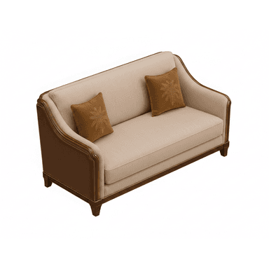 A traditional two-seater loveseat featuring an exposed dark wood frame, upholstered in a light beige fabric. The arms are accented with dark brown leather or faux leather panels, detailed with decorative nailhead trim and stitching. It includes two seat cushions, two back cushions, and two square throw pillows in a complementary brown hue with embroidered patterns. The loveseat stands on four decorative, tapered wooden legs. — 3D model (AI enhanced source)