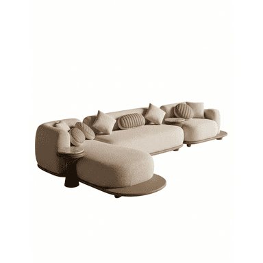 A large, contemporary modular sectional sofa system featuring rounded, organic forms upholstered in a light beige, textured boucle-like fabric. The sofa comprises multiple seating modules, including a chaise lounge component, and incorporates two circular side tables with marble tops and dark wooden bases. The entire seating arrangement rests on a contrasting, flat, light brown or taupe platform base. Several throw pillows are included, with some featuring a distinct ribbed, circular design. — 3D model (AI enhanced source)
