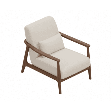 A modern single-seater lounge chair featuring a light-colored upholstered seat and back, supported by a dark wooden frame. — 3D model (AI enhanced source)